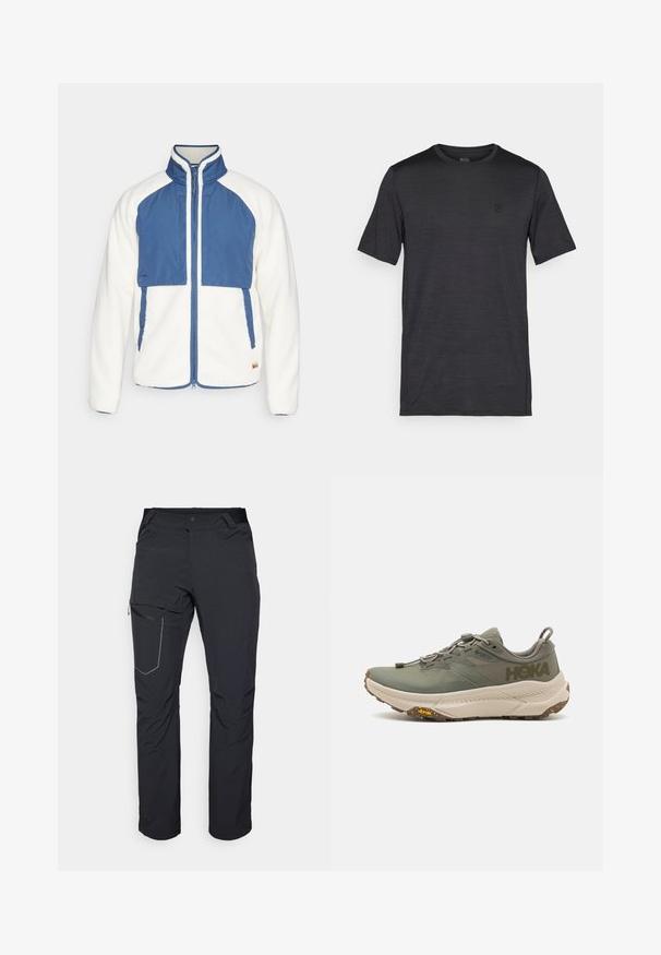 Fjällräven VARDAG PILE JACKET M - Flisinė striukė - chalk white/indigo blue; Juodas trumpų rankovių marškinėliai, pagaminti iš lygaus, lengvo audinio. Turi apvalią iškirptę ir išsiuvinėtą logotipą ant krūtinės.; Juodos lauko kelnės su užtrauktuku šlaunies kišenėje, elastinga juosmeniu ir lygiu, vandens nepraleidžiančiu audiniu. Tinkama dizaino forma be matomų logotipų.; Žalios Hoka bėgimo sportbačiai su Gore-Tex viršutine dalimi, tekstūriniais akcentais, elastingomis raištelėmis ir storu smėlio spalvos padu su Vibram logotipu.