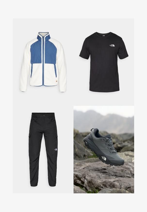 Fjällräven VARDAG PILE JACKET M - Fleece jacket - chalk white/indigo blue; Black short-sleeve t-shirt made of cotton, featuring a round neckline and a small white logo on the upper left chest area.; The North Face HORIZON PANT - Outdoor trousers - black; Grey trail running shoe with a textured upper, durable rubber sole, and reinforced toe cap. Features laces and brand logo on the side.