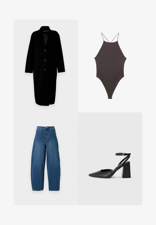 Dugi crni kaput od meke mješavine vune, s ovratnikom s zarezom, pet dugmadi za zatvaranje i bočnim džepovima. Glatka tekstura i kroj prilagođen tijelu.; Smeđi jednodijelni kupaći kostim s visokim ovratnikom i tankim, prilagodljivim trakama; ima visoko izrezane nogavice i glatku teksturu. Bez uzoraka ili dekoracija.; Traperice u srednjem plavom pranju, s visokim strukom, širokim nogavicama i standardnim dizajnom s pet džepova, s vidljivim detaljima šivanja.; Crne kožne cipele s špicastim vrhom, remenom oko gležnja i debelim potplatom. Ravna tekstura, elegantan dizajn i minimalistička estetika.