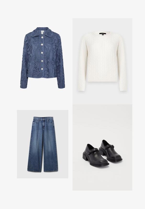 Navy blue lace jacket with floral patterns, structured collar, and five pearl-like buttons. The textured fabric features intricate cut-outs.; Valkoinen kabelineulepullovaihtoehto, jossa on pitkät hihat, pyöreä pääntie ja koristeellinen helmiyksityiskohta kauluksessa. Pehmeä tekstiili ja istuva muotoilu.; Vaaleansiniset, leveälahkeiset farkut, joissa on haalistunut viimeistely. Ne sisältävät napin ja vetskarin, viisi taskua sekä vyölenkit.; Mustat nahkakengät, joissa on pyöreä varvas, litteä pohja ja soljellinen hihna. Paksu lohkopohja lisää vakautta.