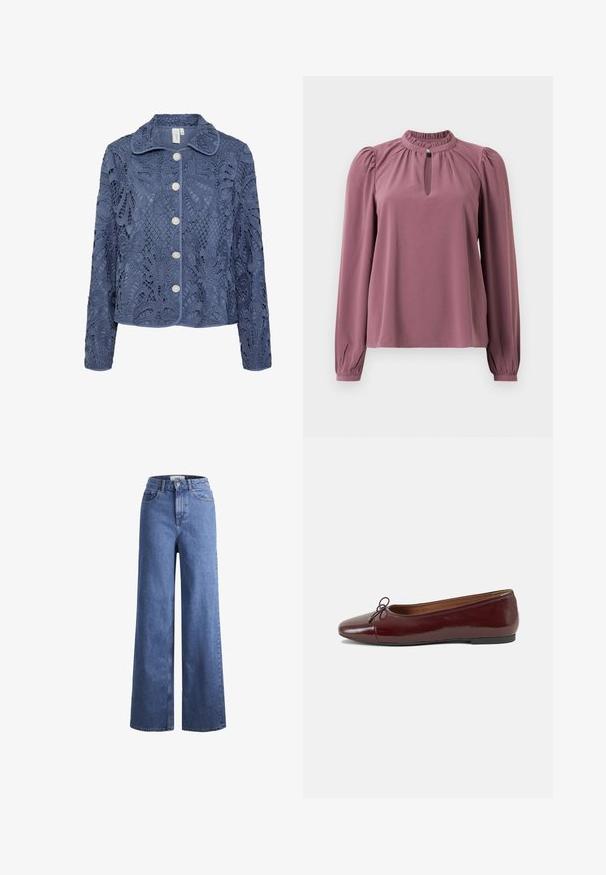 Tamsiai mėlynas nėrinių švarkas su gėlių raštais, struktūrizuotu apykakle ir penkiomis perlų primenančiomis sagomis. Tekstūruota medžiaga su sudėtingomis išpjovomis.; Ilga rankovė mauve spalvos bluzonė su surinkta apykakle, raktų skylutės iškirpte su mygtuko uždarymu ir šiek tiek pūstomis petnešomis.; Šviesiai mėlynos džinsinės kelnės plačiu sijonu ir aukštu liemeniu, su dviem priekinių kišenių ir matomu siuvimu. Su mygtuko ir užtrauktuko uždarymu.; Bordo lakiotos odos baleto bateliai su apvalia nosimi, maža kaspinėlio akcentu priekyje ir žema juoda guma padanga. Lygi tekstūra.