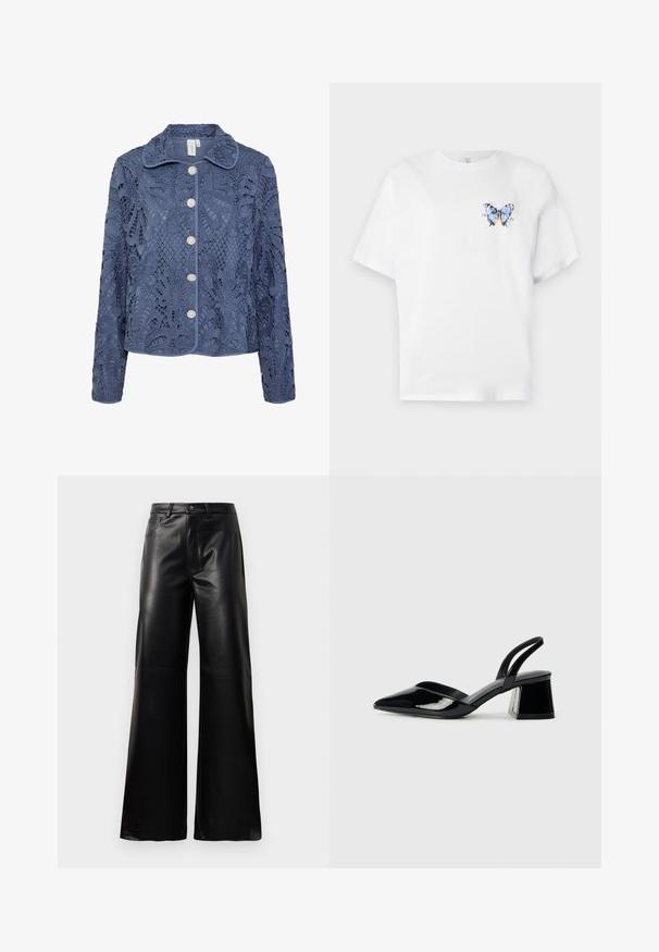 Tmavě modrá krajková bunda s květinovými vzory, strukturovaným límcem a pěti perlami podobnými knoflíkům. Texturovaná tkanina s propracovanými výřezy.; Bílý bavlněný tričko s barevným potiskem motýla na levé části hrudi. Krátké rukávy a volný střih.; Černé kalhoty s vysokým pasem a širokými nohavicemi z umělé kůže, s předním knoflíkem, zipovým zapínáním, poutky na pás a bočními kapsami na bílém pozadí.; Černé lakované kožené lodičky na pásku s špičatou špičkou a geometrickým blokovým podpatkem. Vyznačují se elegantním, minimalistickým designem a hladkým povrchem.