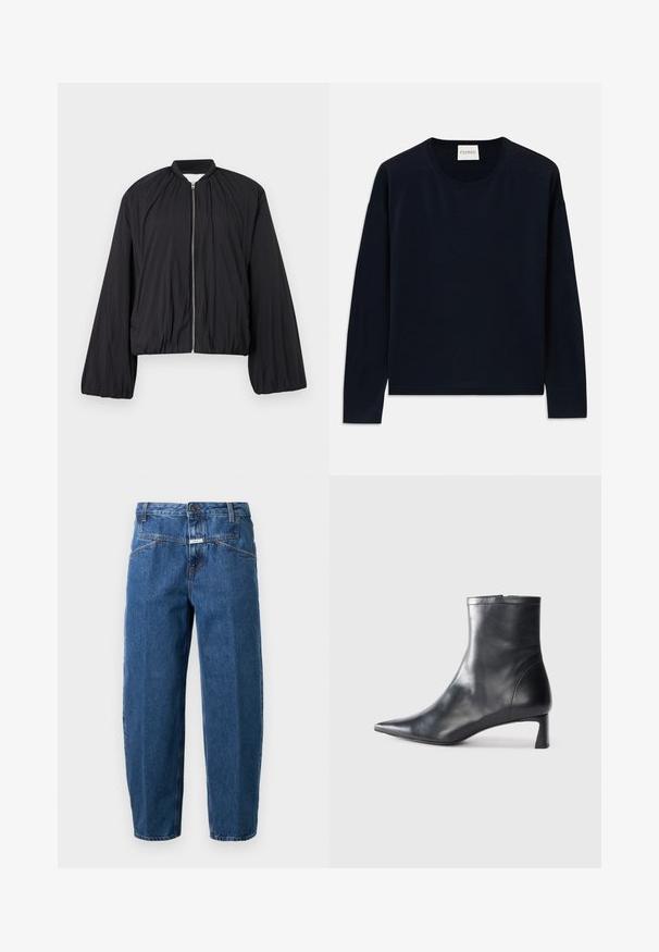 Μαύρο μπουφάν bomber με φερμουάρ μπροστά, ελαστικές μανσέτες και ελαφρώς cropped σιλουέτα. Κατασκευασμένο από ελαφρύ, υφασμάτινο υλικό.; Ναυτικές μπλούζες με μακρύ μανίκι, σε στυλ crewneck, από μαλακό και λείο ύφασμα με χαλαρή εφαρμογή. Διαθέτει ριγέ μανίκια και τελείωμα, και ετικέτα στον λαιμό.; Τζιν παντελόνι σε σκούρο μπλε χρώμα, με άνετη εφαρμογή, πέντε τσέπες, ραμμένες ραφές και κουμπί κλεισίματος στη μέση.; Μαύρη δερμάτινη μπότες αστραγάλου με μυτερή μύτη και κομψό σχέδιο. Διαθέτει χαμηλό τακούνι και φερμουάρ στο πίσω μέρος. Λείο υφή.