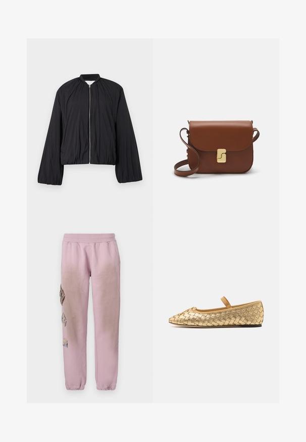 Melna bumbvedēja jakas, kurai ir rāvējslēdzēja priekšpuse, elastīgas piedurknes un nedaudz saīsināts siluets. Izgatavota no viegla, teksturēta auduma.; Balta īsām piedurknēm T-krekls, izgatavots no ribota auduma. Apaļš izgriezums, regulāra piegriezuma un diskrēti šuvumu detaļas. Bez printiem vai grafikām.; Rozā sporta bikses ar elastīgu jostu, kurām labajā pusē ir dekoratīvi uzliktni dimanta formā un elastīgas apkakles pie potītēm.; Loeffler Randall LEONIE SOFT BALLET FLAT - Baletkurpes ar siksniņu ap potīti - gold; Bordo ādas rokas soma ar atloku, zeltītām detaļām, plecu siksnu un gludu virsmu. Kompakta, taisnstūrveida forma.