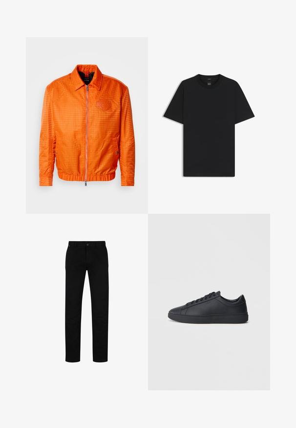 Orange bomberjacka med ett strukturerat rutig mönster, dragkedja fram och logotypdetalj på bröstet. Har elastisk nederkant och ärmslut.; Svart kortärmad T-shirt i en mjuk bomullsblandning, med rundad halsringning och en minimalistisk design utan mönster eller detaljer.; Svarta bomullsbyxor med rak passform, med knappstängning, bälteshällor och minimalistisk design. Slät textur, utan mönster.; Svarta sneakers i slätt läder med låg design, rund tå och platt gummisula. Har snörning och subtil branding.