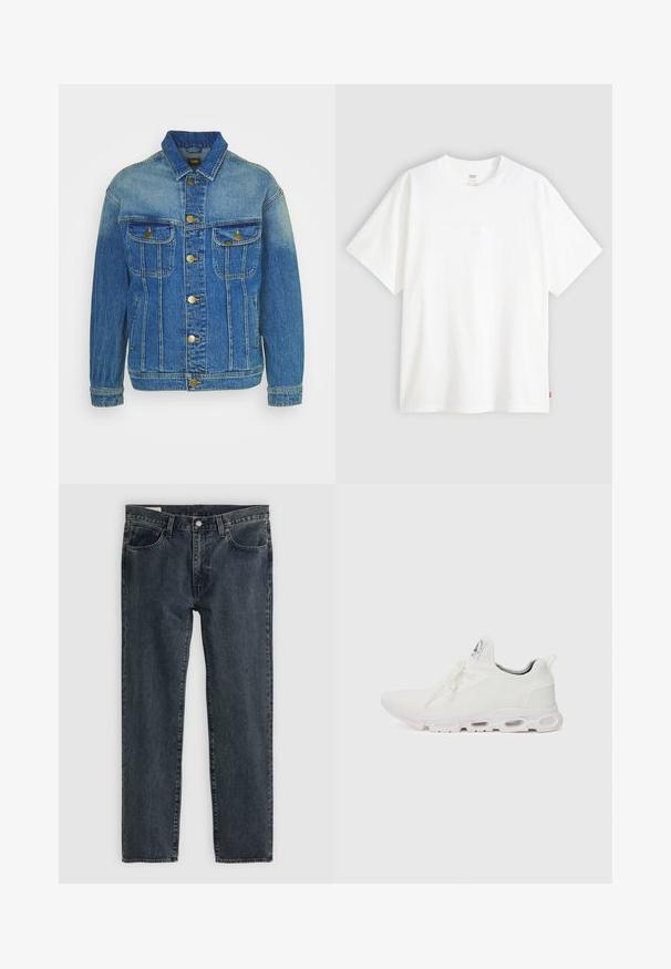 Jasnoniebieska kurtka dżinsowa z efektem wyblaknięcia; posiada złote guziki, dwie kieszenie na piersi oraz detale przeszycia na przodzie i rękawach.; Biała koszulka z krótkim rękawem wykonana z bawełny, z okrągłym dekoltem. Posiada subtelny wytłoczony logo z przodu oraz czerwoną metkę na dolnym brzegu.; Ciemnoniebieskie dżinsy o prostym kroju nogawki, pięcioma kieszeniami i zapięciem na guzik. Materiał ma subtelne przetarcia i fakturę.; Białe buty sportowe z teksturowaną cholewką z dzianiny, płaskimi sznurowadłami oraz wyściełaną podeszwą z widocznymi komorami powietrznymi dla dodatkowego wsparcia.