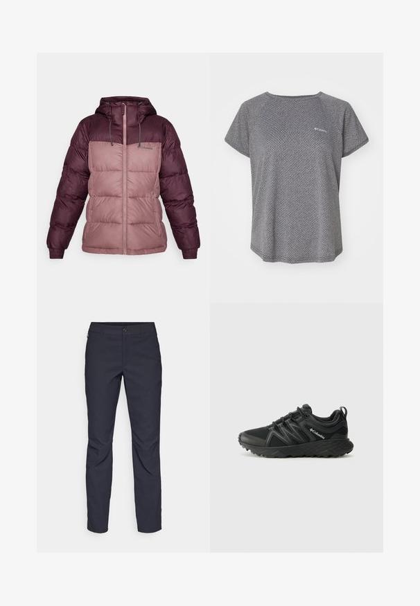 Columbia PIKE LAKE™ II INSULATED JACKET - Winter jacket - moonvista/fig; Gray short-sleeve shirt featuring a subtle textured pattern, round neckline, and Columbia logo on the chest. Soft fabric, relaxed fit.; Navy blue pants made of smooth fabric, featuring a front button closure, slim-fit design, and creased detailing at the knees.; Columbia PEAKFREAK - Hiking shoes - black