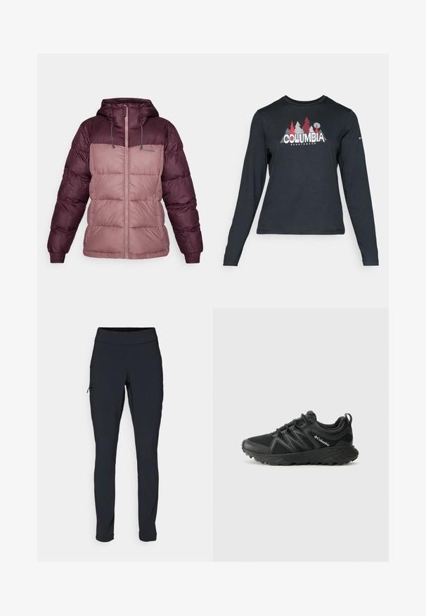 Columbia PIKE LAKE™ II INSULATED JACKET - Talvejope - moonvista/fig; Pikend varrukatega tumehall särk, millel on punaste puude ja mägede graafika; "COLUMBIA" logo julge valge tekstiga. Pehme kangas, tavaline ümmargune kaelus.; Mustad mustad sportpüksid kitsaste lõikega, elastse vöökoha ja küljetaskuga, millel on tõmblukk. Sile, veniv kangas minimaalsete õmblustega.; Columbia PEAKFREAK - Matkajalatsid - black