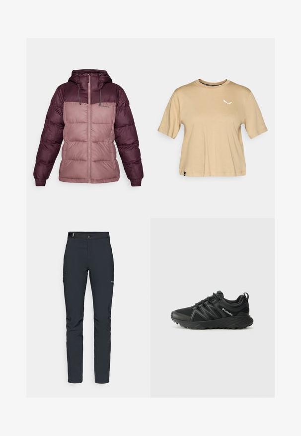 Columbia PIKE LAKE™ II INSULATED JACKET - Zimska jakna - moonvista/fig; Bež majica od pamuka s kratkim rukavima. Ima okrugli izrez i bijeli logo na prsima. Ravni rub s diskretnim detaljem oznake.; Muške outdoor hlače, tamno sive boje, izrađene od fleksibilnog materijala, s remenom, džepovima na patentni zatvarač i ojačanim šavovima.; Columbia PEAKFREAK - Obuća za pješačenje - black