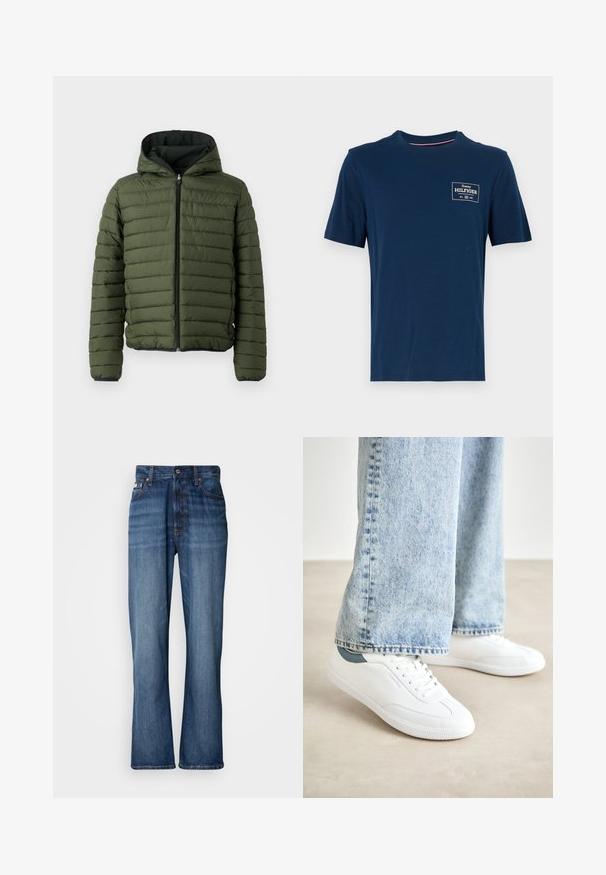 Zelena podstavljena jakna s kapuljačom, koja ima horizontalno prešivanje, prednji patentni zatvarač i crne obrube na manžetama i rubu.; Tamno plava pamučna majica s okruglim izrezom, kratkim rukavima i malim bijelim otisnutim logom na lijevoj strani prsnog koša. Glatka tekstura.; Plave traperice s visokim strukom, raširenim nogavicama, dizajnom s pet džepova i toniranom šavom. Imaju kopčanje na gumbe i zakovice na džepovima.; Bijele tenisice od glatkog materijala, s vezivanjem, teksturiranom gumom potplatom i tirkiznim detaljem na peti, u kombinaciji s svijetloplavim trapericama.