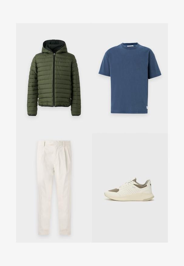 Roheline pehme jope, millel on kapuuts, horisontaalne tikand, esine lukuga ja must äär küünarnukkide ja allääre juures.; Tumedat sinine puuvillane T-särk, lühikesed varrukad, ümmargune kaelus, regulaarne istuvus, ühtlane disain, väikese logo etikett alumises ääres.; Valged volditud püksid, mis on kohandatud sobivusega, sujuva tekstuuriga, vööloopidega ja kitsenevate jalgadega. Pole nähtavaid taskuid ega mustreid.; Valge ja heledat beeži värvi spordijalats, millel on õhuke võrkmaterjal, perforatsioonidega detailid ning tekstuuriga vahetald, millel on brändi logo kannaosas.