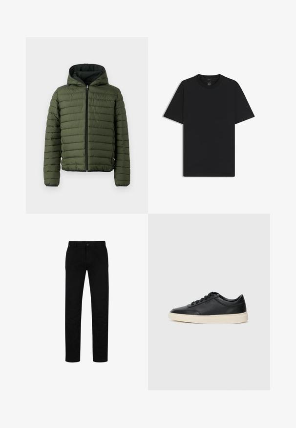 Grön vadderad jacka med huva, med horisontell quiltning, frontdragkedja och svart kant längs ärmslut och nederkant.; Svart kortärmad T-shirt i en mjuk bomullsblandning, med rundad halsringning och en minimalistisk design utan mönster eller detaljer.; Svarta bomullsbyxor med rak passform, med knappstängning, bälteshällor och minimalistisk design. Slät textur, utan mönster.; Svart låg skor i läder med svarta snören och off-white sula, visas i sidoprofil på vit bakgrund.