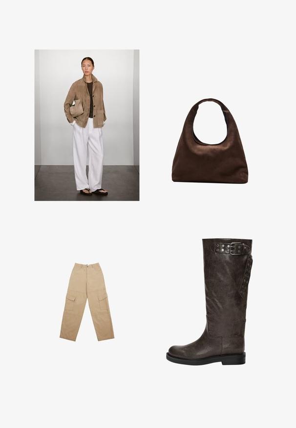 Hnědá semišová bunda s límcem, předními knoflíky a bočními kapsami, nošená přes tmavý top a spárovaná s bílými širokými kalhotami a černými sandály.; Dlouhý rukáv žebrovaný svetr s bordó a krémovými vodorovnými pruhy, kulatým výstřihem a přiléhavým střihem, který nabízí texturovaný vzhled.; Bežové cargo kalhoty vyrobené z látky, s dvěma předními kapsami a uvolněným, širokým střihem. Pas zahrnuje zapínání na knoflík a zip.; Hnědé kožené vysoké boty k kolenům s texturovaným povrchem, se sponou a cvočkovými detaily na boku, a plochou gumovou podrážkou.; Měkká hnědá kabelka ve stylu hobo s jedním širokým popruhem a zakřiveným horním otvorem, vystavená na bílém pozadí.
