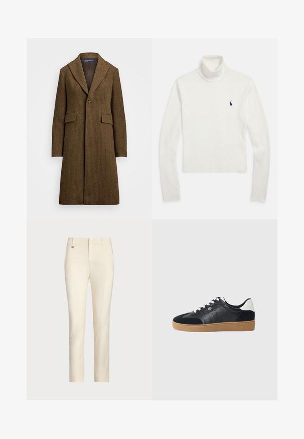 Brown herringbone coat with a notched lapel, single button closure, and two front pockets. Made of textured wool or similar fabric.; White long-sleeve turtleneck sweater with a small navy blue polo player logo on the left chest.; Cream-colored tailored trousers with a straight-leg cut, featuring a smooth texture, front pockets, and a subtle metallic accent on the waistband.; Black leather and suede sneaker with a light brown rubber sole. Features white laces and small perforations on the sides. Michael Kors logo present.