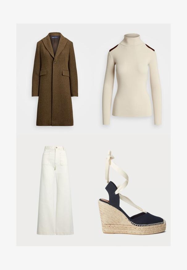 Brown herringbone coat with a notched lapel, single button closure, and two front pockets. Made of textured wool or similar fabric.; Ribbed cream turtleneck sweater with long sleeves and dark brown shoulder accents. Fitted design highlights body shape and texture.; Wide-leg jeans in off-white denim. High-waisted design with a button closure, two front pockets, and contrast stitching details.; Navy canvas wedge sandal with an espadrille rope outsole and cream ribbon ties at the ankle. Closed heel and round toe design.