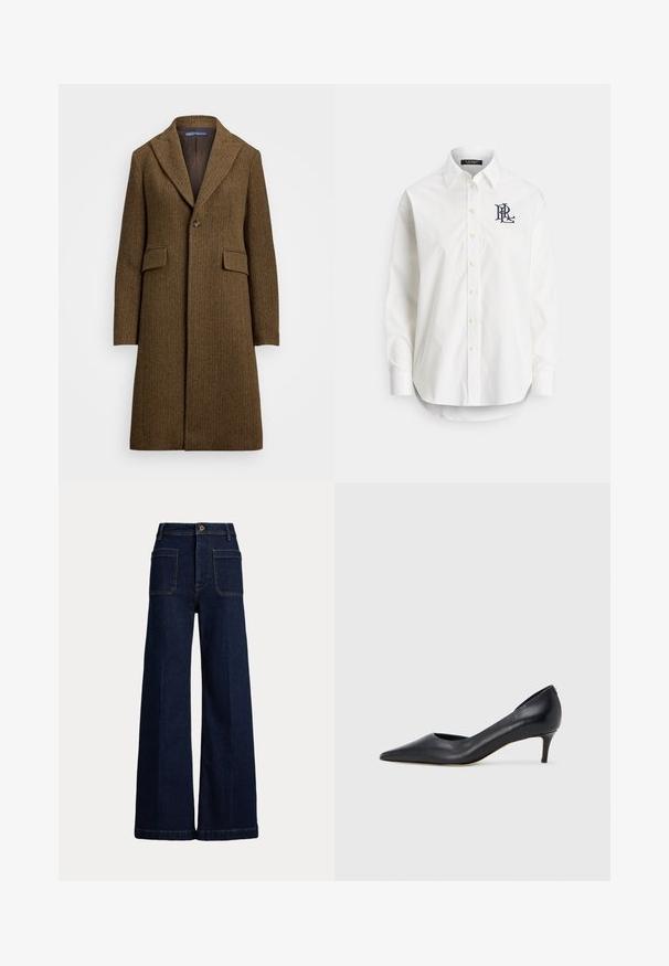 Gabardina marrón de espiga con solapa de pico, cierre de un botón y dos bolsillos delanteros. Fabricada en lana texturizada o tejido similar.; Camisa blanca de algodón con botones, manga larga, cuello puntiagudo y un logo azul marino bordado en el pecho izquierdo. Bajo redondeado.; Jeans de mezclilla oscura de pierna ancha con cintura alta, diseño de cinco bolsillos y costuras en contraste. Presenta un cierre de botón y una forma estructurada.; Zapato de tacón bajo de cuero negro con punta puntiaguda. Presenta una textura lisa y un brillo sutil. Corte abierto en la parte frontal para un detalle adicional.