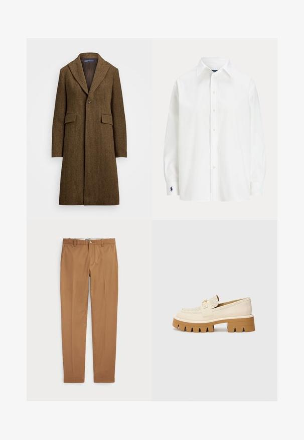 Brūns dūņu raksts mētelis ar iedobumu apkakli, vienu pogu aizdari un divām priekšējām kabatām. Izgatavots no teksturētas vilnas vai līdzīgas auduma.; Balta krekla ar garām piedurknēm, klasiskā josta un mazs zils logo uz aproces. Gluda kokvilnas auduma, strukturēta piegriezuma.; Brūni kokvilnas bikses ar šauru piegriezumu, plakanu priekšpusi un standarta kabatām; gluda tekstūra un apšūti manšetes.; Beige loafers ar strukturētu krēmkrāsas siksnu, ar masīvu brūnu zoli ar zobainiem rakstiem. Zelta akcents uz sprādzes detaļu.
