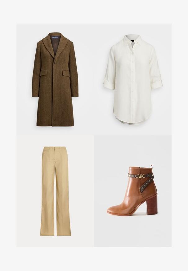 Brun hængebåndsfrakke med spidse klapper, enkelt knaplukning og to forlommer. Fremstillet af tekstureret uld eller lignende stof.; Hvid linnedskjorte med knaplukning, korte opsmøgede ærmer, krave og afrundet kant. Har lyse knapper.; Beige vide benbukser lavet af glat bomuld, med en klassisk talje og baglomme, i lige skæring og minimal detaljering.; Brun læder ankelstøvle med stablet blokheel, sidebånd med guldnitter og en guld "MK" logo spænde.
