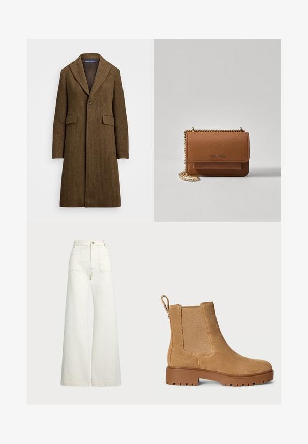 Brown herringbone coat with a notched lapel, single button closure, and two front pockets. Made of textured wool or similar fabric.; White linen shirt with a button-up design, short rolled sleeves, a collar, and a rounded hem. Features light-colored buttons.; Wide-leg jeans in off-white denim. High-waisted design with a button closure, two front pockets, and contrast stitching details.; Tan suede Chelsea boots with elastic side panels, a thick brown rubber sole, and a pull tab at the back.; Brown textured leather crossbody bag with gold chain strap and flap closure. Front features logo detail and a pocket under the flap.
