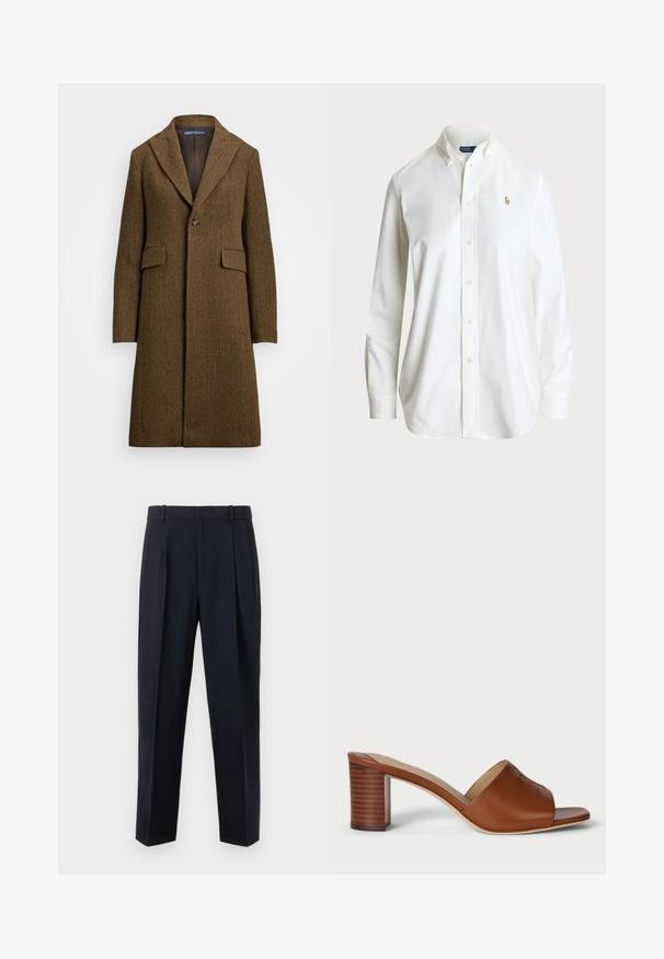 Smešani smeđi kaput u herringbone uzorku s reverima, jednim gumbom za zatvaranje i dva prednja džepa. Izrađen od teksturirane vune ili sličnog materijala.; Bijela košulja s dugim rukavima i klasičnim ovratnikom, s diskretnim prošivenim logom na prsima. Izrađena od kvalitetnog pamučnog materijala.; Tamnoplave krojene hlače visokog struka, naboranog sprijeda, s bočnim džepovima i ravnim krojem nogavica. Izrađene od glatkog, laganog materijala.; Smeđe kožne sandale na petu s širokim otvorenim prstom, zakrivljenim gornjim dijelom i složenim cilindričnim potpeticom s horizontalnim linijama.