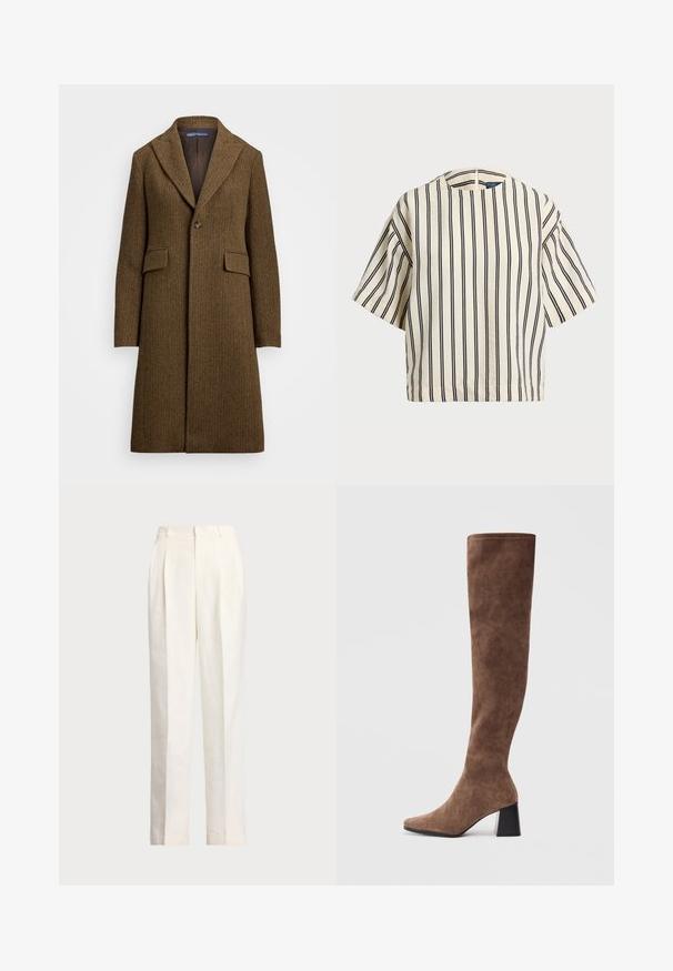 Pruun herringbone musteriga mantel, millel on nurgeline krae, ühe nupuga kinn closure ja kaks esist pocketit. Valmistatud struktuurse villase või sarnase kangaga.; Kreemjas ja tumesinises triibuline lühikeste varrukatega top, millel on ümmargune kaelus ja kastmine disain, valmistatud tekstuurses kangas.; Polo Ralph Lauren HEMP WIDE LEG PANT - Püksid - nevis; Pruunid üle põlve saapad, mis on valmistatud pehmest seadusest, terava ninaga ja paksu musta kontsaga. Kujundus sisaldab sujuvat õmblust, et anda elegantne välimus.
