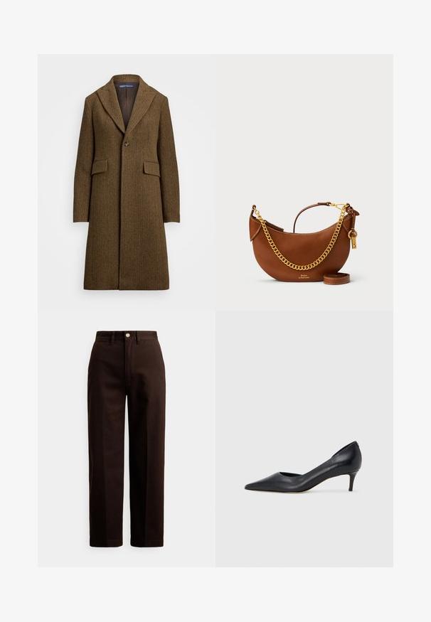 Brun hængebåndsfrakke med spidse klapper, enkelt knaplukning og to forlommer. Fremstillet af tekstureret uld eller lignende stof.; Sort kortærmet t-shirt lavet af blødt stof, med rund halsudskæring og et lille broderet logo på venstre bryst.; Mørkebrune bukser med lige ben, knap- og lynlåslukning, bæltestropper og forlommer mod en hvid baggrund.; Sort læderpumpe med spids tå og lav hæl. Har en glat tekstur og subtil glans. Åben udskæring foran for ekstra detalje.; Brun læderhandtaske med et buet design, guld kædestropp, indvendig lomme og en aftagelig skulderrem. Har kontrastsyning.