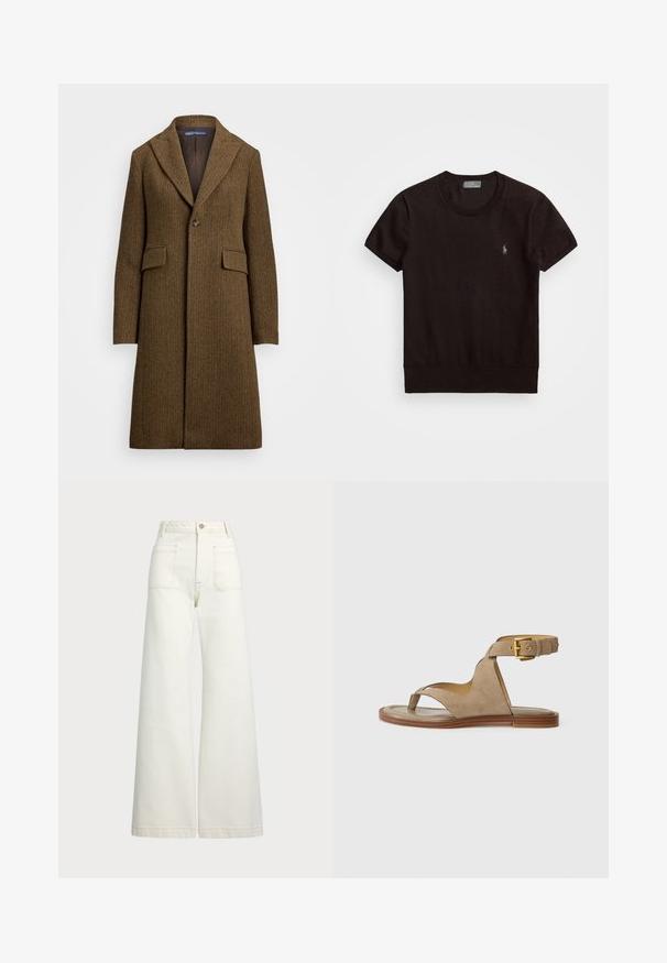 Pruun herringbone musteriga mantel, millel on nurgeline krae, ühe nupuga kinn closure ja kaks esist pocketit. Valmistatud struktuurse villase või sarnase kangaga.; Must have lühikeste varrukatega must T-särk, mis on valmistatud pehmest kangast, ümarate kaelustega ja vasakul rinnal väikese tikandi logoga.; Laiad teksad heledast denimist. Kõrge vöökoht, nööbivöö, kaks esikotitäit ja kontrastsed õmblused.; Beige nubukist sandaal, mille on varvaste silmus, avatud külgedega ja lai pahkluu rihm, millel on kuldne pandla. Lame pruun tald kerge äärisega.