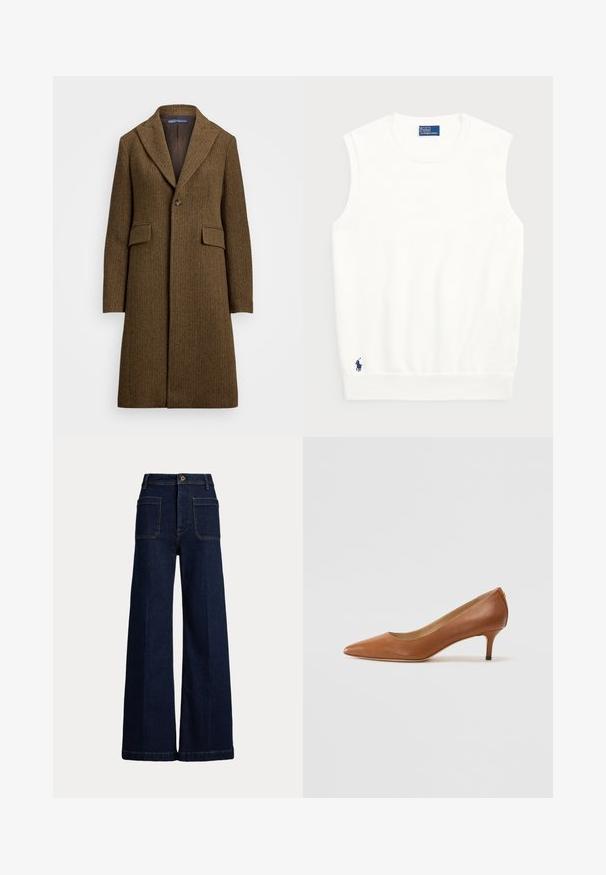 Brun hængebåndsfrakke med spidse klapper, enkelt knaplukning og to forlommer. Fremstillet af tekstureret uld eller lignende stof.; Hvid ærmeløs sweater lavet af glat bomuld, med ribkant forneden og et lille marineblåt logo nederst til venstre. Simpelt design, ingen mønstre.; Bredde ben mørkeblå denimjeans med høj talje, fem lomme-design og kontrasterende syninger. Har knaplukning og en struktureret form.; Lauren Ralph Lauren ADRIENNE - Pumps - deep saddle tan