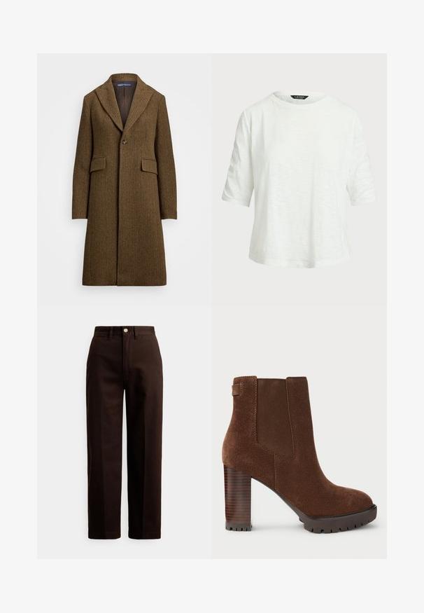 Ruskea herringbone-takkia, jossa on lovattu kaulus, yksittäinen nappikiinnitys ja kaksi etutaskua. Valmistettu teksturoidusta villasta tai vastaavasta kankaasta.; Valkoinen lyhythihainen t-paita, joka on valmistettu kevyestä kankaasta. Ominaisuuksiin kuuluu pyöreä pääntie ja rento istuvuus, jossa on hienovarainen tekstuurikuvio.; Tummaanruskeat suorat housut, joissa on napit ja vetoketju, vyölenkit ja etutaskut valkoista taustaa vasten.; Ruskean mokkasukkajalkineet, joissa on joustavat sivupaneelit, neliömäinen kärki ja paksu puinen korko. Texturoitu pohja pidon parantamiseksi.