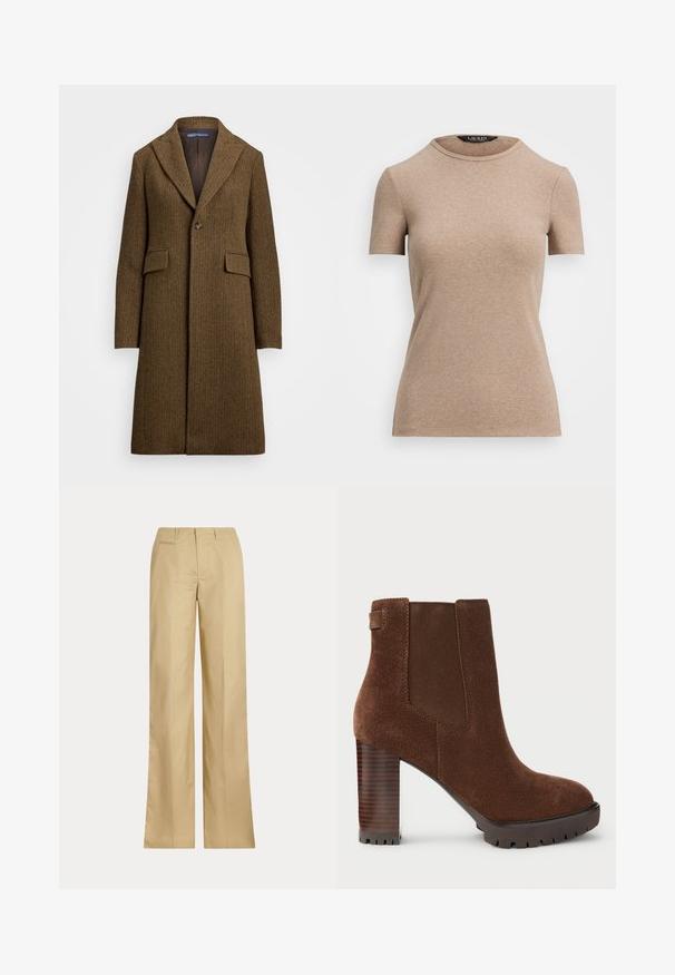 Caban maro cu model în herringbone, cu rever tăiat, închidere cu un singur nasture și două buzunare frontale. Fabricat din lână texturată sau un materialSimilar.; Lauren Ralph Lauren STRETCH COTTON CREWNECK TEE - Tricou basic - adirondack heather; Pantaloni bej cu croi larg, din bumbac neted, având un talie clasică și un buzunar pe spate, cu o croială dreaptă și detalii minime.; Botine din suede maro, cu panouri laterale elastice, vârf pătrat și toc gros din lemn. Talpă texturată pentru aderență.