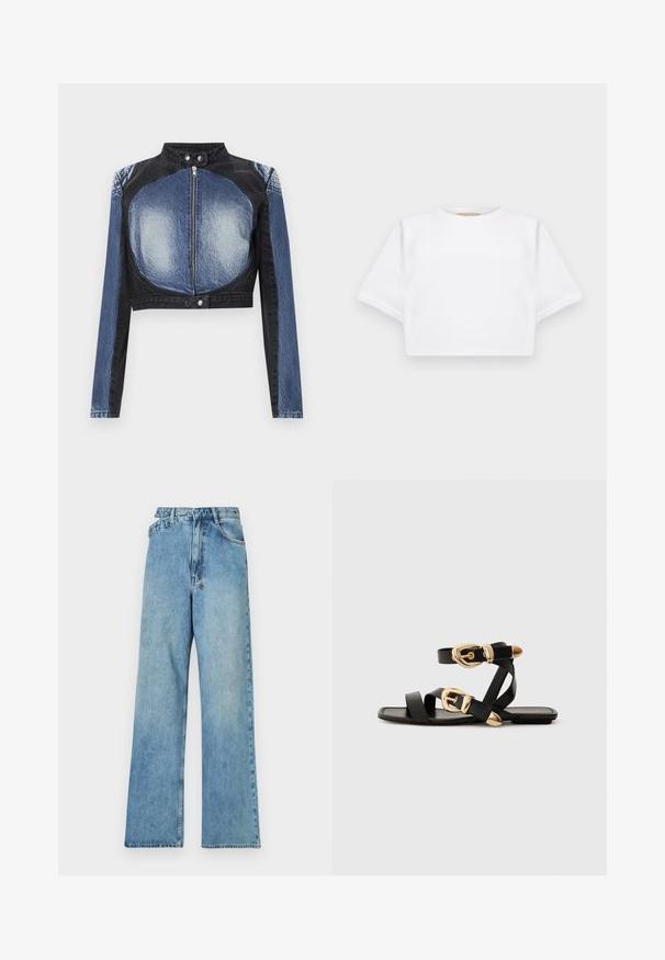 Rövidített farmerdzseki fekete felső résszel és kék alsó részekkel. Elöl cipzárral és patent gombokkal záródik, sima textúrájú.; Rövid ujjú, puha anyagból készült, vágott fehér póló, kör alakú nyakkivágással és bordázott alsó résszel. Egyszerű és díszítetlen kialakítás.; Világoskék farmer széles lábú nadrág közepes derekú, öt zsebbel és gombos záródással, fém alkatrészekkel és koptatott felülettel.; Fekete bőr szandál arany csattal, több hevederrel és lapos talpú dizájnnal, nyitott lábujjú viselethez.