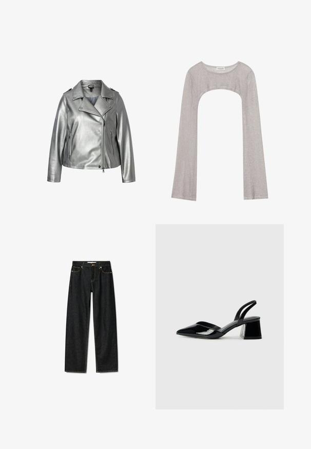 Zilveren faux leren motorjack met een notch-kraag, rits aan de voorkant en zijzakken. Heeft een gladde textuur en metallic afwerking.; Zilveren lange mouwen top met een ronde hals en een uitsnede eronder. Gemaakt van gestructureerde stof, met een aansluitend ontwerp en uitlopende mouwen.; Donkerdenim jeans met een rechte snit, messing knoopsluiting en contrasterende gele stiksels. Beschikt over vijf zakken en een klassieke pasvorm.; Zwarte gepatineerde leren slingback hakken met een spitse neus en een geometrische blokhak. Kenmerkt zich door een slank, minimalistisch ontwerp en een gladde textuur.