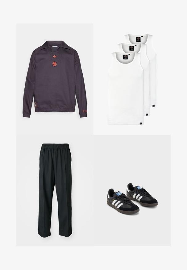 Camisola de manga comprida roxo escuro com gola, logótipo da Adidas vermelho e emblema circular no peito, cintura elástica e pequeno emblema junto à parte inferior esquerda.; Três tops em algodão de alças brancas com nervuras. Apresentam um decote redondo e pequenas etiquetas pretas perto da bainha. Disponíveis em vários tamanhos.; Calças atléticas pretas com um cós elástico, feitas de tecido suave, com costuras laterais discretas e um ajuste descontraído, design de perna reta.; Sneakers pretos com parte superior em camurça e sintético, apresentando três riscas brancas, sola de borracha texturizada e etiqueta azul no linguete.