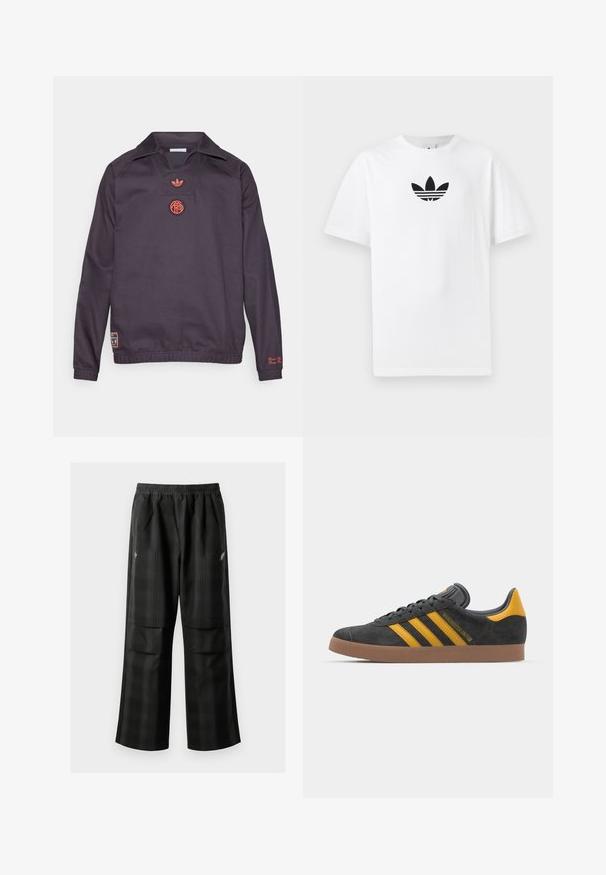 Tamsiai violetinis megztinis ilgomis rankovėmis su apykakle, raudonu Adidas logotipu ir apskritu emblemų krūtinės srityje, elastine liemens juosta ir nedideliu lopu šalia apatinės kairės pusės.; Baltas medvilnės marškinėliai su juodu Adidas logo centre. Trumpomis rankovėmis ir apvalia kaklo iškirpte. Lygus audinys.; Juodos languotos kelnės su elastingu juosmeniu, dviem priekinėmis kišenėmis ir laisvu tiesiu kirpimu. Pagamintos iš lengvos medžiagos.; Juodas zomšinės sportbačiai su geltonais akcentais, turintys tris juosteles ir rudą gumos padą. Apima paminkštintą liežuvėlį patogumui.