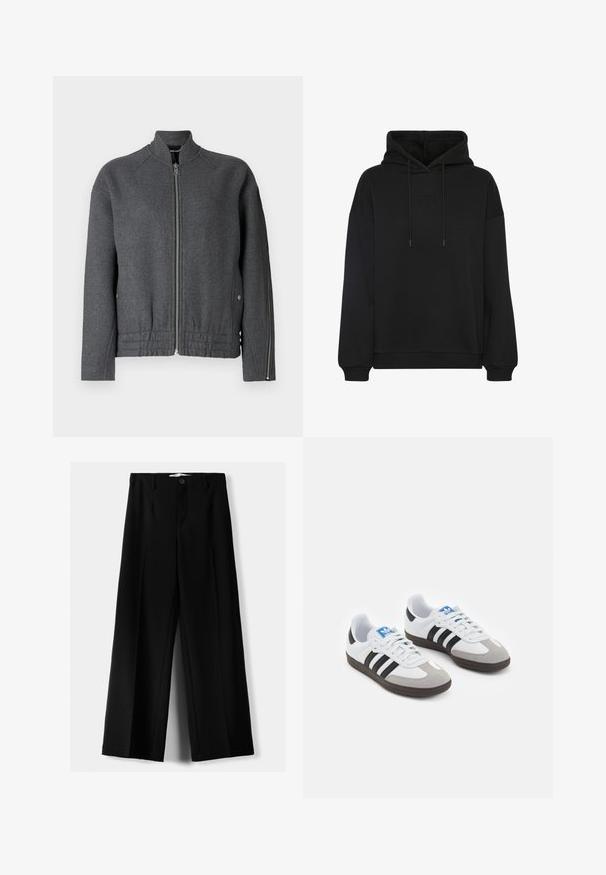 Graue Bomberjacke mit hochgeschlossenem Kragen, Frontreißverschluss, elastischem Bund und seitlichen Taschen aus strukturiertem Material.; Schwarzer Kapuzenpullover mit großer Fronttasche, tonal gesticktem Logo auf der Brust, Kordelzugkapuze sowie gerippten Manschetten und Saum.; Schwarze weite Hosen aus leichtem Stoff, mit einem Knopfverschluss vorne und flachem Bund, mit sorgfältig genähten Säumen.; Sportschuhe mit einem Obermaterial aus weißem Leder, grauer Wildleder-Zehenkappe und drei schwarzen Streifen. Sie verfügen über ein blaues Logo auf der Zunge und eine strukturierte Gummisohle.