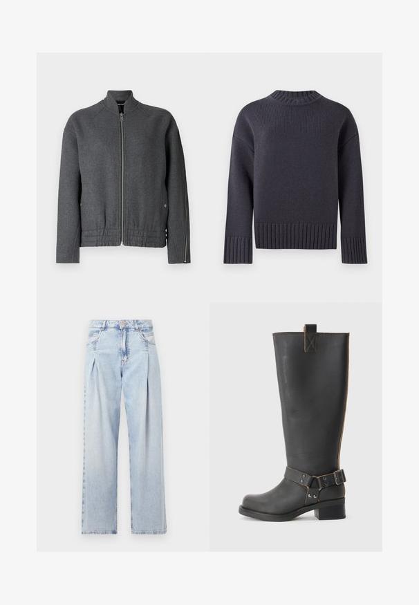 Grå bomberjakke med høj krave, frontlynlås, elastisk talje og sidelommer lavet af tekstureret stof.; Marineblå striktrøje med høj ribbet halskant og brede ribbede manchetter og kant. Har en afslappet pasform og tekstureret stof.; Lyseblå denim jeans med høj talje, bred benåbning, to sidelommer og plisseret design. Blød tekstur med et falmet finish.; Sorte læderknæhøje støvler med en tekstureret overflade, der har en sidebuckle-detalje og en lav hæl. Særligt detaljeret syninger langs sømmene.