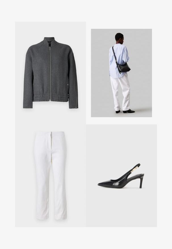 Jachetă bomber gri cu guler înalt, fermoar în față, talie elastică și buzunare laterale, confecționată dintr-un material texturat.; Tricou alb din bumbac cu mâneci scurte, guler rotund și o croială relaxată. Textură netedă, fără imprimeuri sau accente, design minimalist.; Pantaloni din bumbac alb, cu un design drept, având talie medie și fără hardware sau modele vizibile. Textură uniformă pe întreaga suprafață.; Pantofii cu toc înalt din piele neagră, cu spatele descoperit, având vârful ascuțit, textură netedă și o curea îngustă pentru glezna cu accente aurii.; Geantă de umăr din piele neagră cu o textură moale, formă triunghiulară și curea ajustabilă, asortată cu o bluză cu dungi albastre deschise și pantaloni albi.