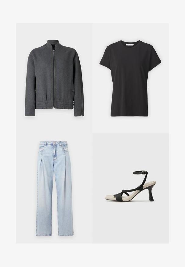 Šedá bomber bunda s vysokým límcem, předním zipem, elastickým pasem a bočními kapsami, vyrobená z texturované tkaniny.; Černé bavlněné tričko s klasickým kulatým výstřihem, krátkými rukávy a volným střihem. Hladká textura, žádné viditelné vzory nebo akcenty.; Světlé modré džíny z denimu s vysokým pasem, širokým střihem, dvěma bočními kapsami a nařaseným designem. Měkká textura s vybledlým povrchem.; Černé sandály na podpatku s pleteným designem pásku, čtveratou špičkou a nastavitelným páskem kolem kotníku. Světle béžová stélka s lesklým černým podpatkem.