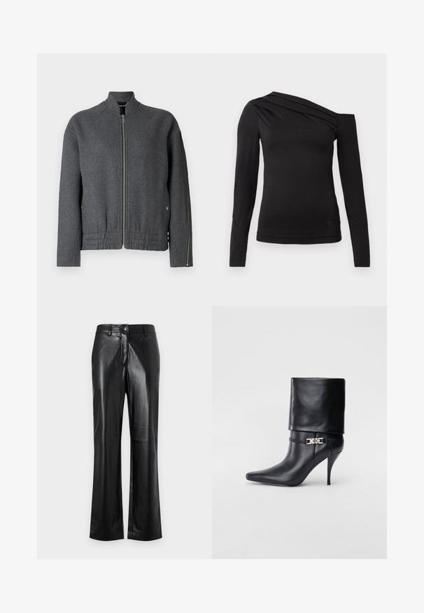 Graue Bomberjacke mit hochgeschlossenem Kragen, Frontreißverschluss, elastischem Bund und seitlichen Taschen aus strukturiertem Material.; Schwarzes langärmliges Oberteil mit asymmetrischem Ausschnitt, eines der Schultern ist frei und sanft drapiert über der Brust.; Schwarze Lederhosen mit geradem Bein, ausgestattet mit einem vorderen Knopfverschluss, Gürtelschlaufen und einer glatten, polierten Oberfläche.; Schwarze Leder-Ankle-Boots mit spitzer Zehenpartie, hohen Stiletto-Absätzen, umgeschlagenem Schaft und einem goldenen dekorativen Schnallen-Detail an der Knöchel.