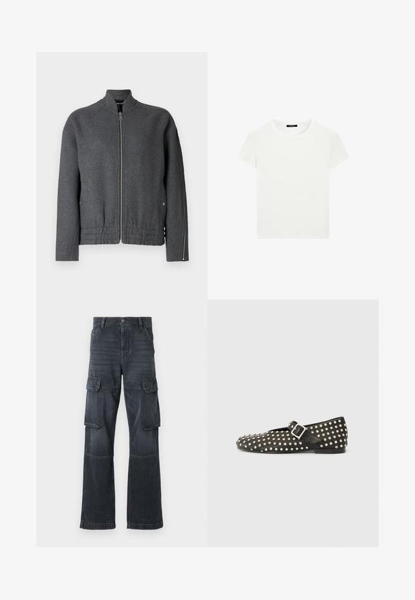 Gray bomber jacket with a high collar, front zipper, elastic waistband, and side pockets made of textured fabric.; Plain white short-sleeve crew neck t-shirt with a slim fit, displayed flat against a white background.; Dark grey cargo pants made of denim, featuring two side pockets and a wide-leg design. Stitched detailing along seams and edges.; Black flat shoe made of leather, featuring metallic studs and a side buckle. The design includes a pointed toe and a textured surface.