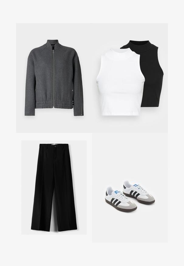 Graue Bomberjacke mit hochgeschlossenem Kragen, Frontreißverschluss, elastischem Bund und seitlichen Taschen aus strukturiertem Material.; Zwei ärmellose, gerippte Rollkragenoberteile in Schwarz und Weiß, mit einer figurbetonten Passform und glatter Textur sowie einer cropped Länge.; Schwarze weite Hosen aus leichtem Stoff, mit einem Knopfverschluss vorne und flachem Bund, mit sorgfältig genähten Säumen.; Sportschuhe mit einem Obermaterial aus weißem Leder, grauer Wildleder-Zehenkappe und drei schwarzen Streifen. Sie verfügen über ein blaues Logo auf der Zunge und eine strukturierte Gummisohle.