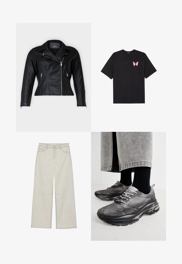 Jaqueta de motoqueiro em couro preto com corte ajustado, lapelas escotadas, dois bolsos frontais com fecho éclair e detalhes texturizados nos ombros.; T-shirt de algodão preto com mangas curtas, apresentando um pequeno gráfico de borboleta rosa no lado esquerdo do peito. Design de gola redonda com um corte solto.; Calças largas de um cinza claro com cinco bolsos, fecho frontal com botão e costuras em contraste ao longo das emendas. O tecido parece suave e durável.; Sapatilhas atléticas pretas e cinzentas apresentam um upper em malha, solas espessas e atacadores. Têm um bico arredondado e detalhes de amortecimento visíveis.