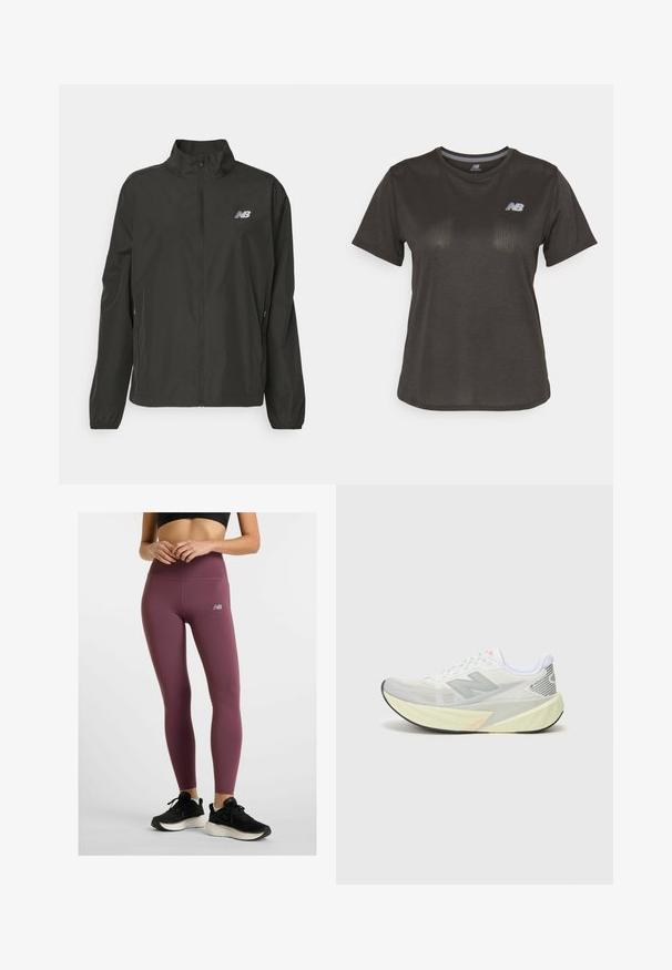 Black lightweight zip-up jacket with stand collar, elastic cuffs, side pockets, and small white New Balance logo on the chest.; Black athletic t-shirt with short sleeves, made from lightweight fabric. Features a subtle textured pattern and a small white logo on the chest.; Dark purple high-waisted leggings made of stretchy material, featuring a New Balance logo in grey. Worn with black athletic shoes.; Lightweight running shoe with a grey and white mesh upper, a prominent 'N' logo, and a yellow midsole with angled accents. Black outsole.