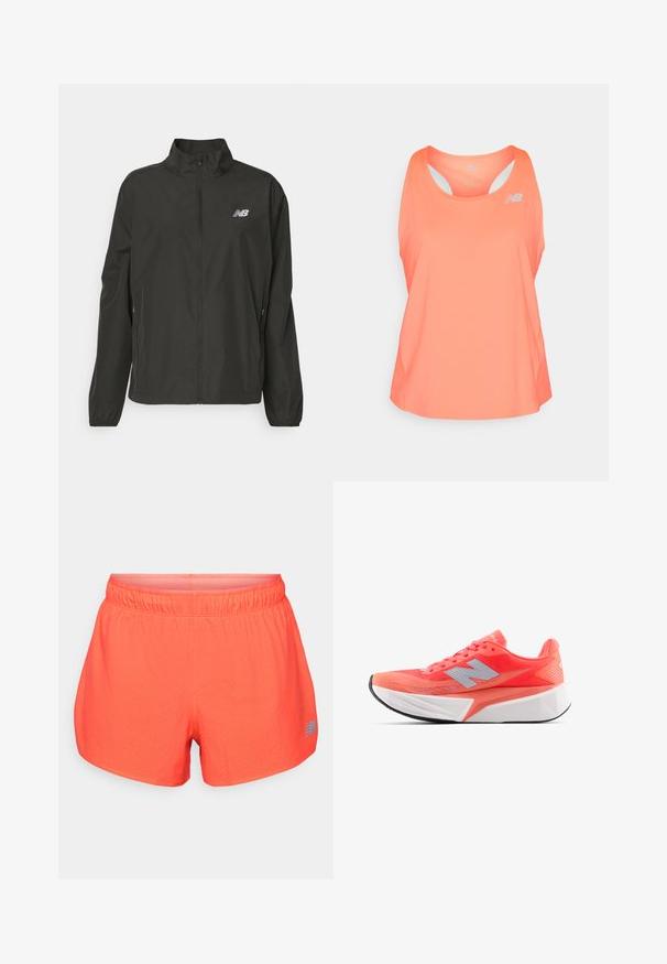 Schwarze leichte Zip-Jacke mit Stehkragen, elastischen Bündchen, seitlichen Taschen und kleinem weißen New Balance-Logo auf der Brust.; Rosa Sporttop mit runder Ausschnittform, Racerback-Design und Belüftungslöchern. Verfügt über ein kleines reflektierendes Logo auf der Vorderseite.; Laufsch shorts für Herren in leuchtendem Korallenrot, aus atmungsaktivem Material mit perforierter Textur. Mit elastischem Bund und blauer Logodetails.; Leichte Laufschuhe in leuchtendem Korallenrot mit Obermaterial aus Mesh und silbernem Logo. Auffällige strukturierte weiße Zwischensohle und schwarze Gummisohle.