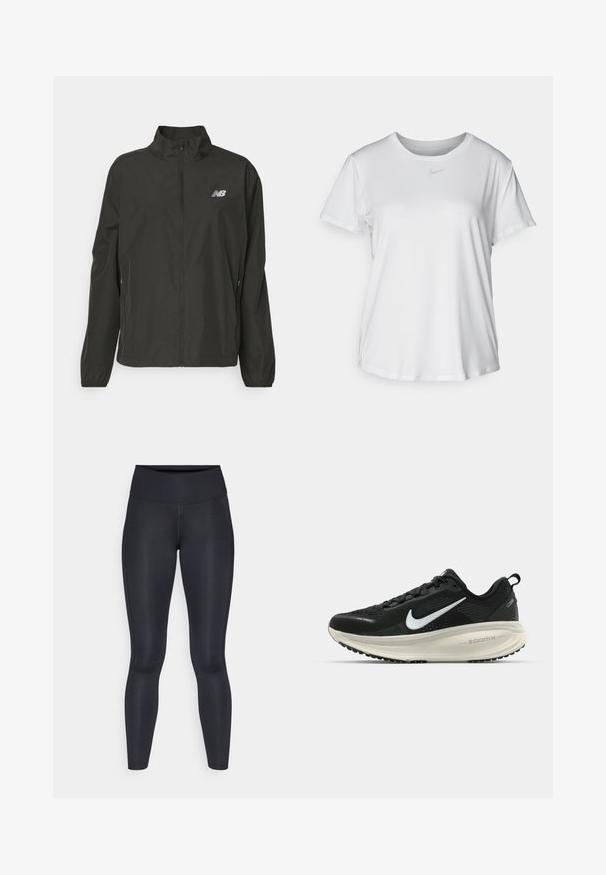 Czarna, lekka kurtka zapinana na zamek z stojącym kołnierzem, elastycznymi mankietami, bocznymi kieszeniami oraz małym białym logo New Balance na klatce piersiowej.; Biała koszulka z krótkim rękawem, uszyta z gładkiego materiału, z okrągłym dekoltem i małym szarym logo Nike na piersi.; Czarne legginsy wykonane z gładkiego, elastycznego materiału. Wysoki stan bez widocznych wzorów czy akcentów. Dobrze przylegają od pasa do kostek.; Czarna biegowa półbut z oddychającej siateczki, białym logo swoosh, teksturowanymi detalami oraz kremową podeszwą środkową ZoomX.