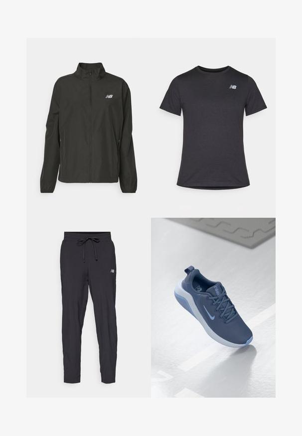 Casaco leve preto com fecho éclair e colarinho alto, punhos elásticos, bolsos laterais e pequeno logo branco da New Balance no peito.; T-shirt preta de manga curta feita de tecido suave, com um pequeno logótipo cinza da New Balance no canto superior esquerdo do peito, design clássico de decote redondo.; Calças de corrida pretas feitas de material leve, com cintura elástica e cordão ajustável. Apresenta um pequeno logotipo na lateral.; Sapata atlética azul escura com parte superior em malha texturizada, atacadores e detalhes em azul claro. Apresenta uma sola acolchoada e uma alça na traseira para fácil colocação.