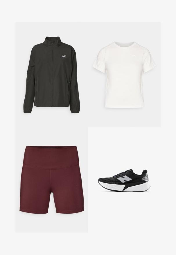 Zwarte lichtgewicht jack met ritssluiting en staande kraag, elastische manchetten, zijzakken en klein wit New Balance-logo op de borst.; Lichtgewicht wit T-shirt met korte mouwen, ronde hals en een klein logo in de linkerbovenhoek. Glad stof met een subtiele glans.; Bordeaux sportshorts met een hoge taille, gemaakt van glad, rekbaar materiaal; heeft een ontwerp met platte naden zonder zakken.; Zwart-witte New Balance hardloopschoen met een dikke zool, bovenwerk van mesh en het "N"-logo aan de zijkant, bekeken vanaf de buitenzijde.