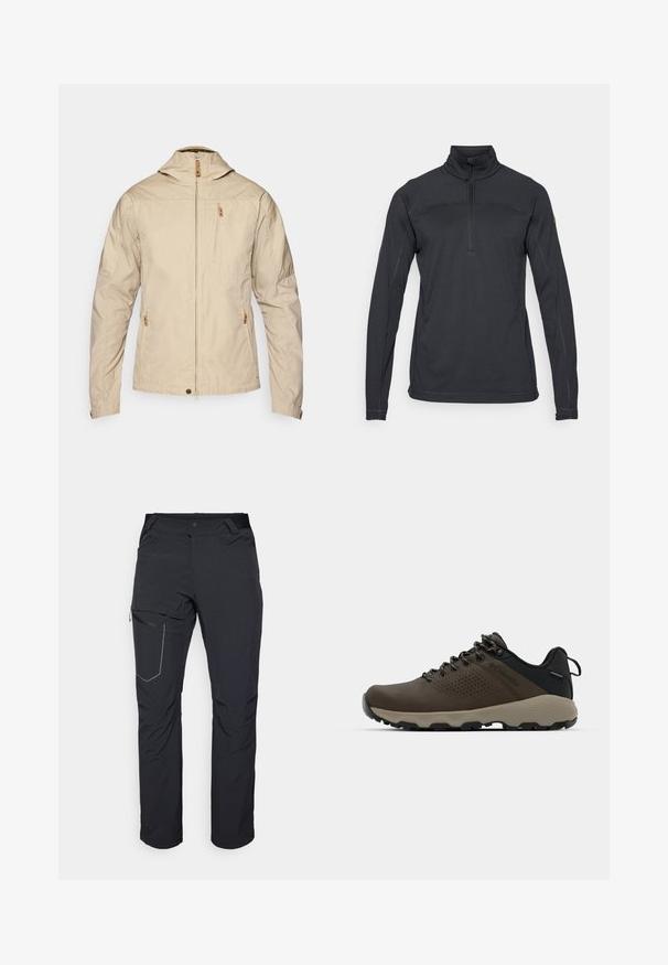 Bež kerge jakk, millel on kõrge kaelus, esi tõmblukk ja kaks tõmbelukuga taskut. Sile kangas, millel on minimaalne õmbluse detail.; Must mustega pehme kangaga, pooltõmbe kurguga, pikad varrukad ja tugevduskonstruktsioon. Särgile on lisatud ka logo aktsent varrukal.; Mustad musta värvi välispüksid, millel on tõmblukuga reiepocket, elastne vöökoht ja sile, veekindel kangas. Puhas disain ilma nähtavate logodeta.; Kohandatud veekindlad pruunid spordijalatsid tekstuuriga pealisega, perforatsioonidega detailid, must kandetoetav osa ja hall kummine sisetald. Paelad on metallist otstega.