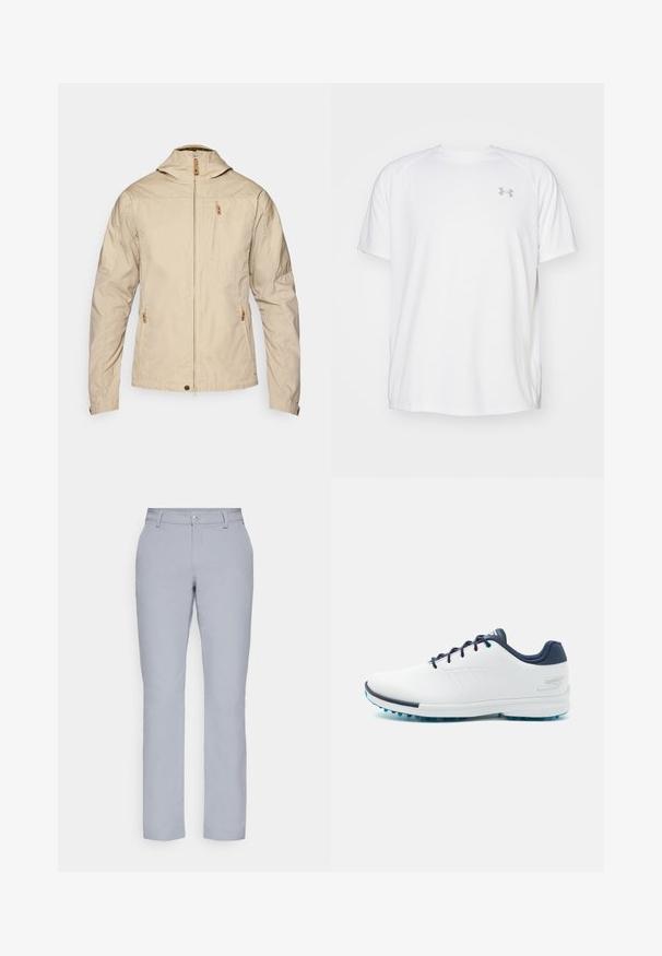 Veste légère beige avec un col montant, fermeture éclair à l'avant et deux poches zippées. Tissu lisse avec un minimum de détails de couture.; T-shirt de sport à manches courtes de couleur blanche, fabriqué en tissu lisse. Il présente un col rond et un logo gris sur la poitrine gauche, avec des fentes sur les côtés au niveau de l'ourlet.; Pantalon gris clair à coupe droite, fermeture à bouton, poches avant et tissu lisse et texturé. Design minimaliste, sans motifs.; Baskets blanches avec une tige synthétique lisse, des accents bleus, un talon en marine texturé et une semelle légère avec des crampons pour une meilleure adhérence.