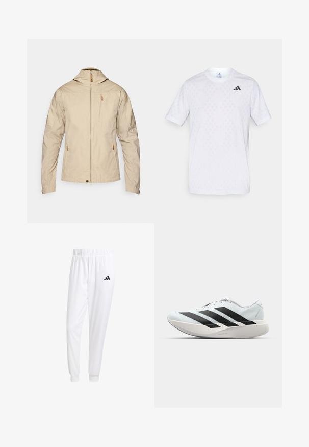 Beige kevyt takki, jossa on korkea kaulus, vetoketjullinen etumus ja kaksi vetoketjullista taskua. Sujuva kangas, jossa on minimaalinen ompeluyksityiskohta.; Valkoinen lyhythihainen t-paita, jossa on hienovarainen timanttikuosi, valmistettu kevyestä materiaalista, mustalla adidas-logolla rintamuksessa.; Valkoiset urheiluhousut, jotka on valmistettu sileästä kankaasta, jossa on joustava vyötärö ja istuvat hihat, ja joissa on musta logo takataskussa.; Kevyt juoksukengät vaaleansinisinä mustilla raidoilla. Ominaisuuksiin kuuluu sileä pinta, pyöreä kärki ja paksu valkoinen välipohja, joka on merkitty "LIGHTSTRIKE PRO".